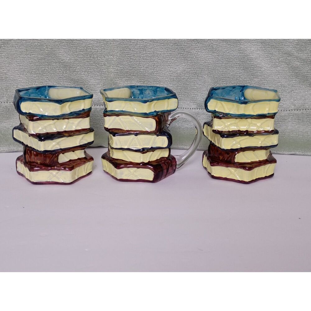Set of Three 3D Book Stack Layered Mug for Readers, Stained Glass Book Lover Mug